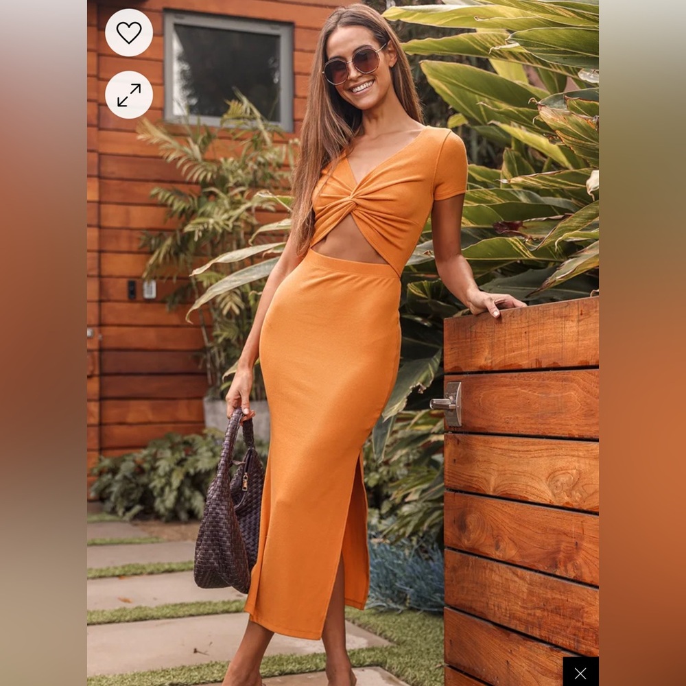 Lulus orange twist front cut out midi dress